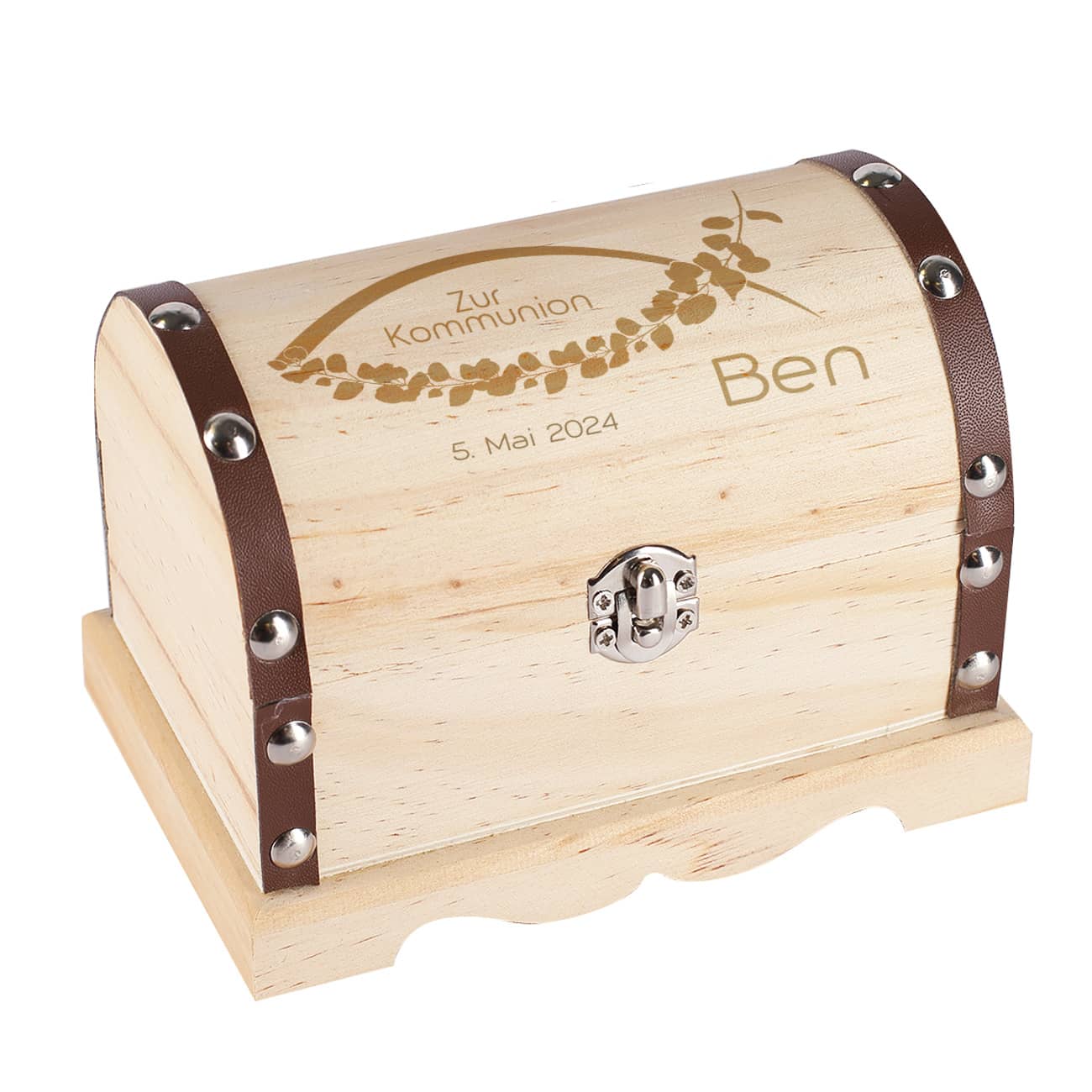 Schatztruhe zur Kommunion mit Fisch, Name & Datum graviert