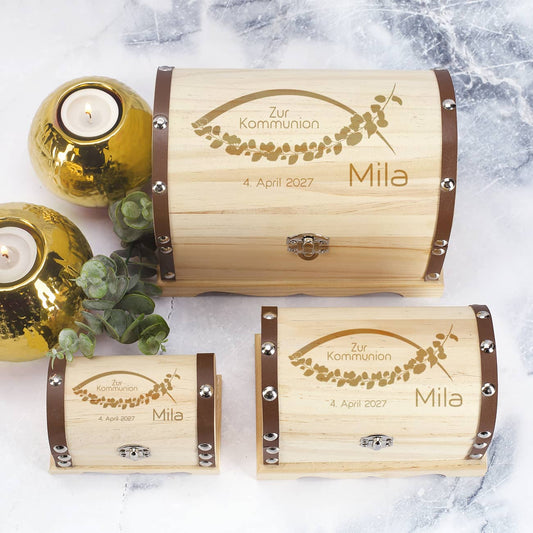 Schatztruhe zur Kommunion mit Name & Datum graviert, 3 Größen auswählbar