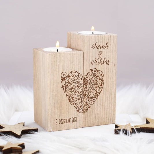 Teelichthalter mit graviertem Herz, Namen und Datum - 2er Set