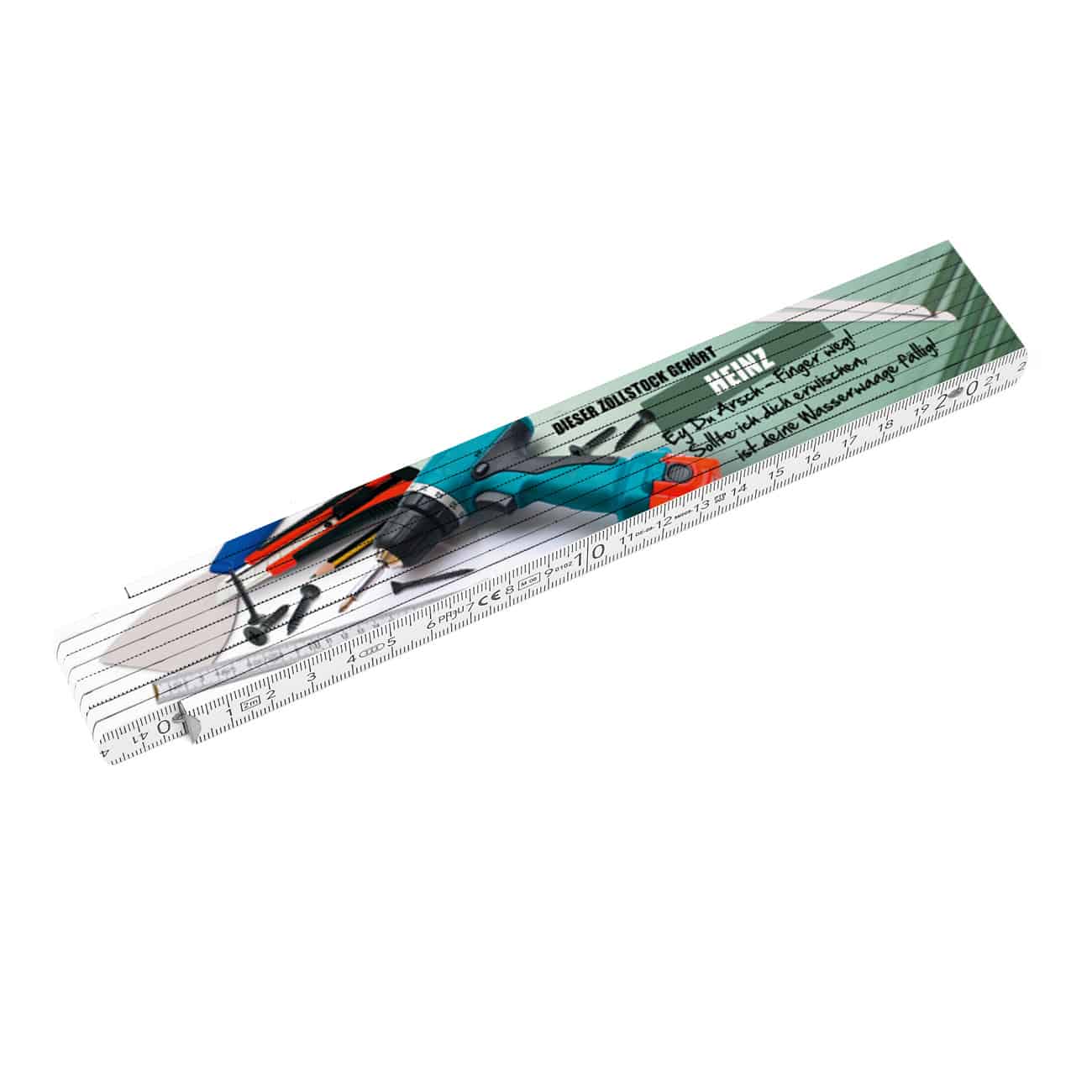 Zollstock aus Holz mit Werkzeug und Namensaufdruck