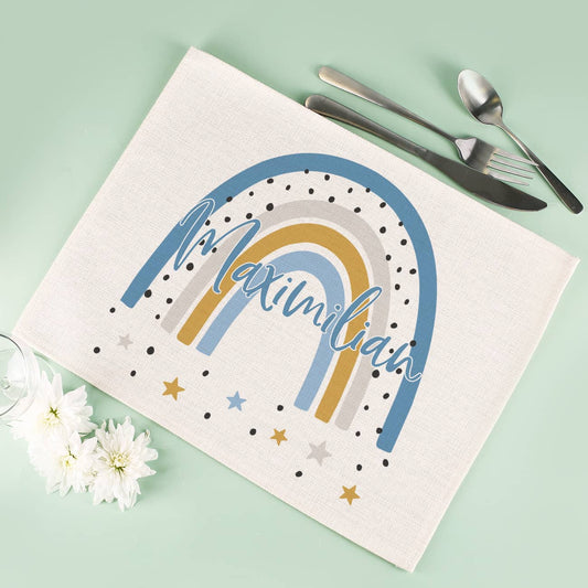Personalisiertes Platzdeckchen mit schlichtem Regenbogen Motiv in Blau