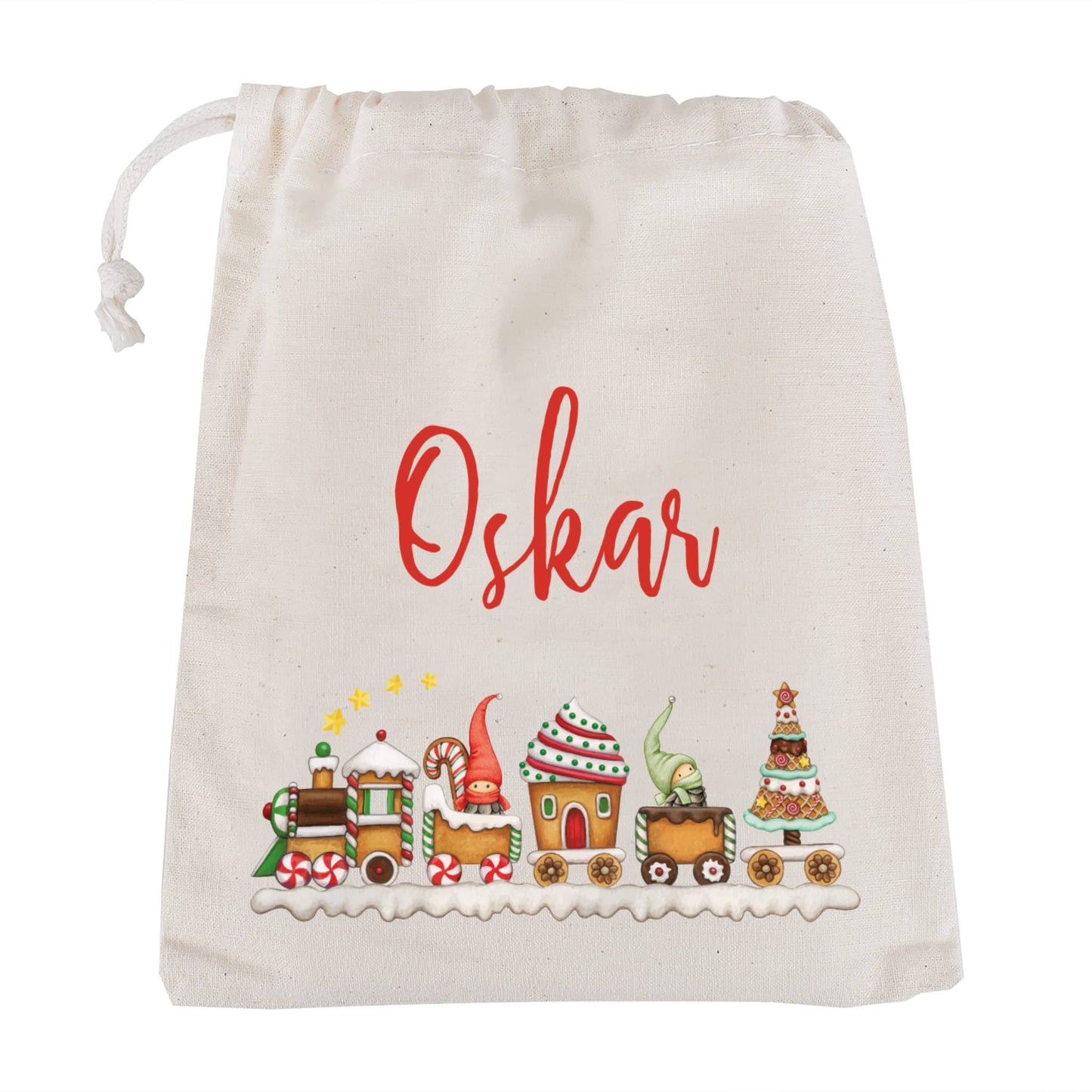 Kinder Geschenksack zu Weihnachten mit Wichtel Weihnachtszug Motiv und Name in 3 Größen