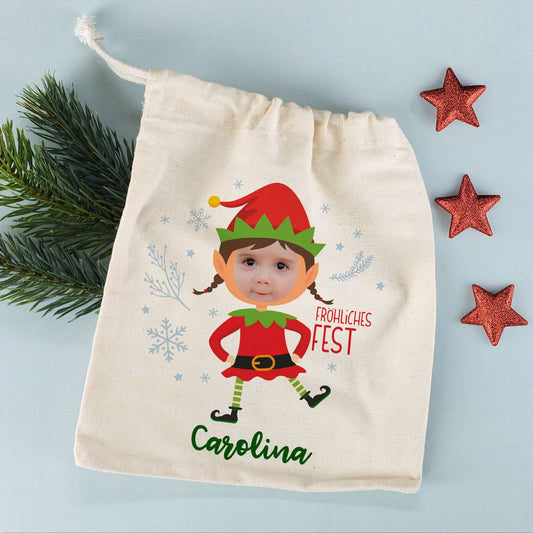 Weihnachtlicher Geschenksack mit Elfe, Foto & Name