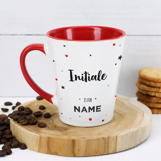 Personalisierte Tasse mit großer Initiale, Wunschnamen & bunten Sternen