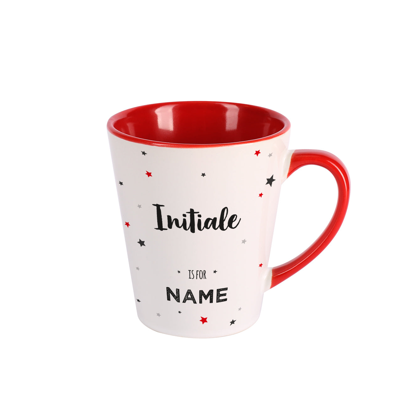 Personalisierte Tasse mit großer Initiale, Wunschnamen & bunten Sternen