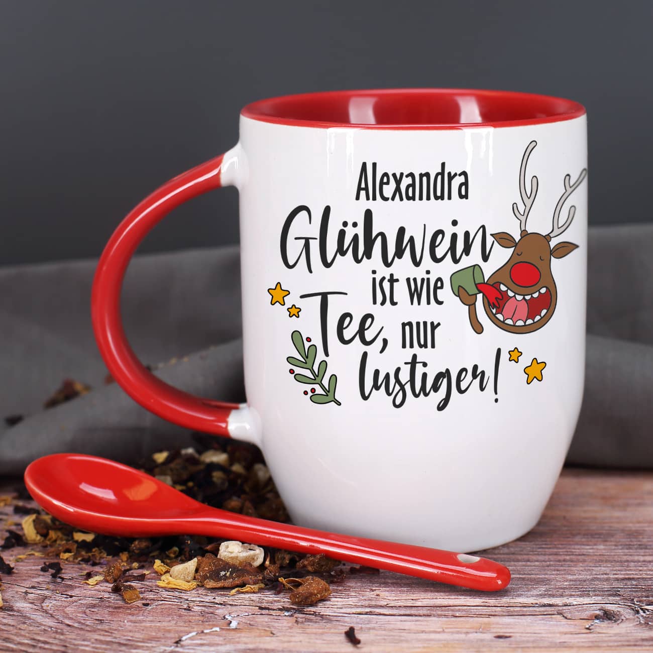 Löffeltasse mit Name & lustigen Spruch für Glühwein –