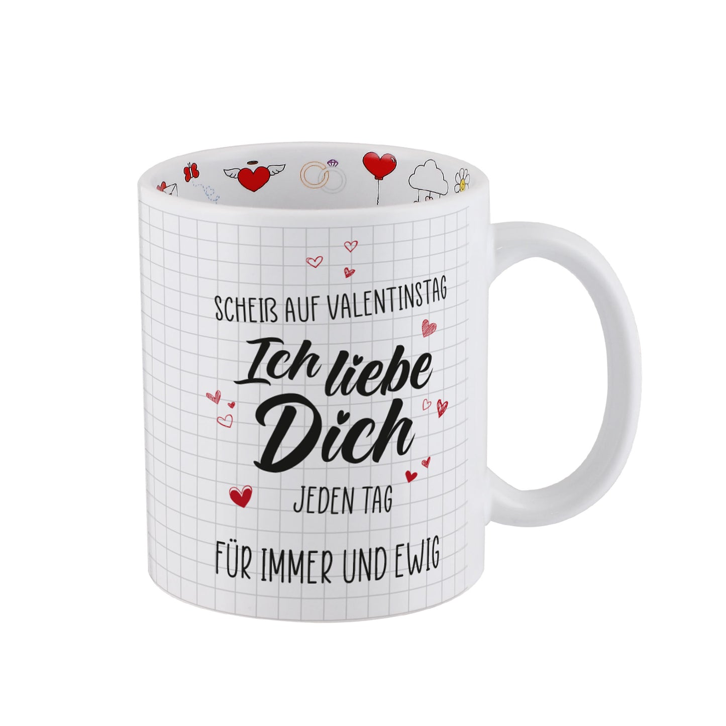 Freisteller: Keramiktasse „Ich liebe dich jeden Tag“ mit Herzdetails und romantischem Innenmuster, Geschenkidee Valentinstag