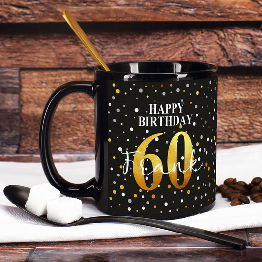 Geburtstagstasse "Happy Birthday" mit Name & Alter in Schwarz und Konfettidesign
