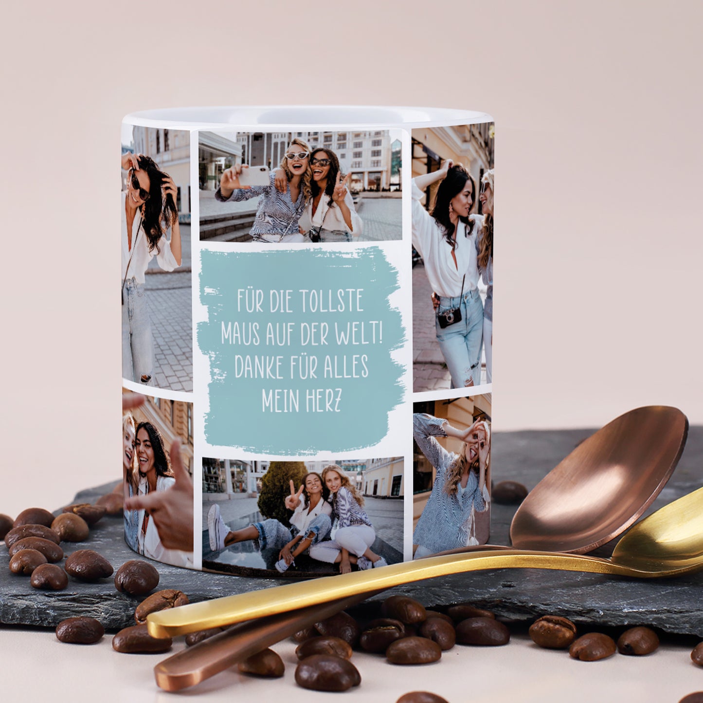 Tasse mit 10 Fotos und Text bedruckt