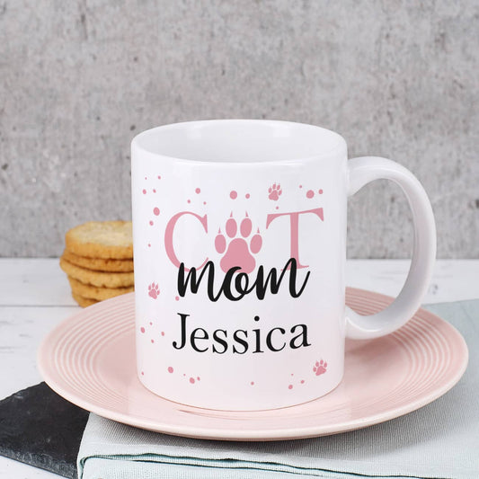 Tolle Cat Mom - Tasse mit Pfotenabdrücken und einem Namen Ihrer Wahl