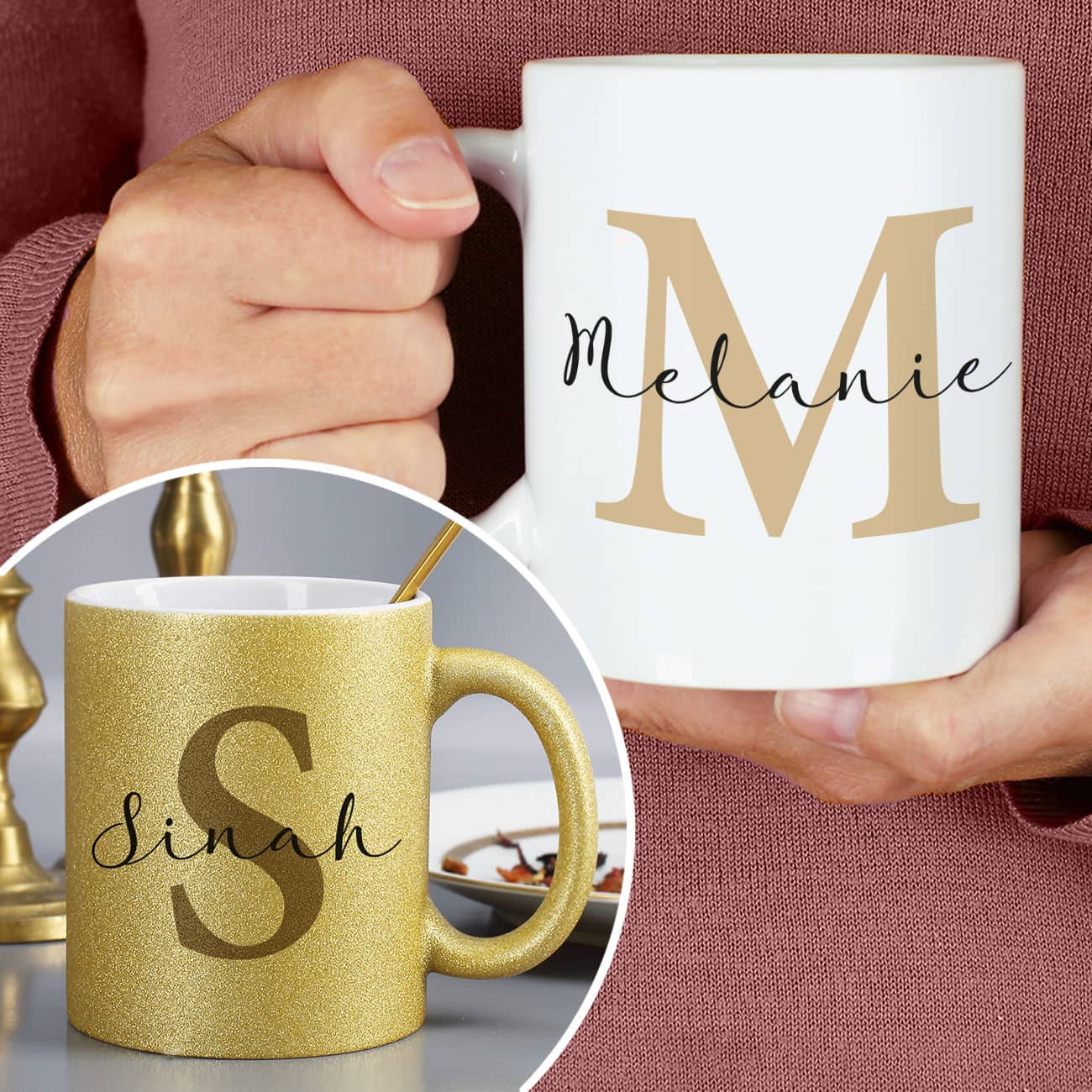 personalisierte Kaffeetasse mit Initiale und Namen eine persönliche Geschenkidee für Frauen und Männer in weiß oder goldglitzer –