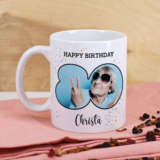 Happy Birthday-Fototasse zum 80. Geburtstag mit Name