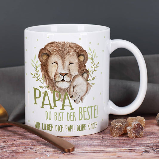 Tasse mit Löwe, Spruch und Text nach Wunsch bedruckt