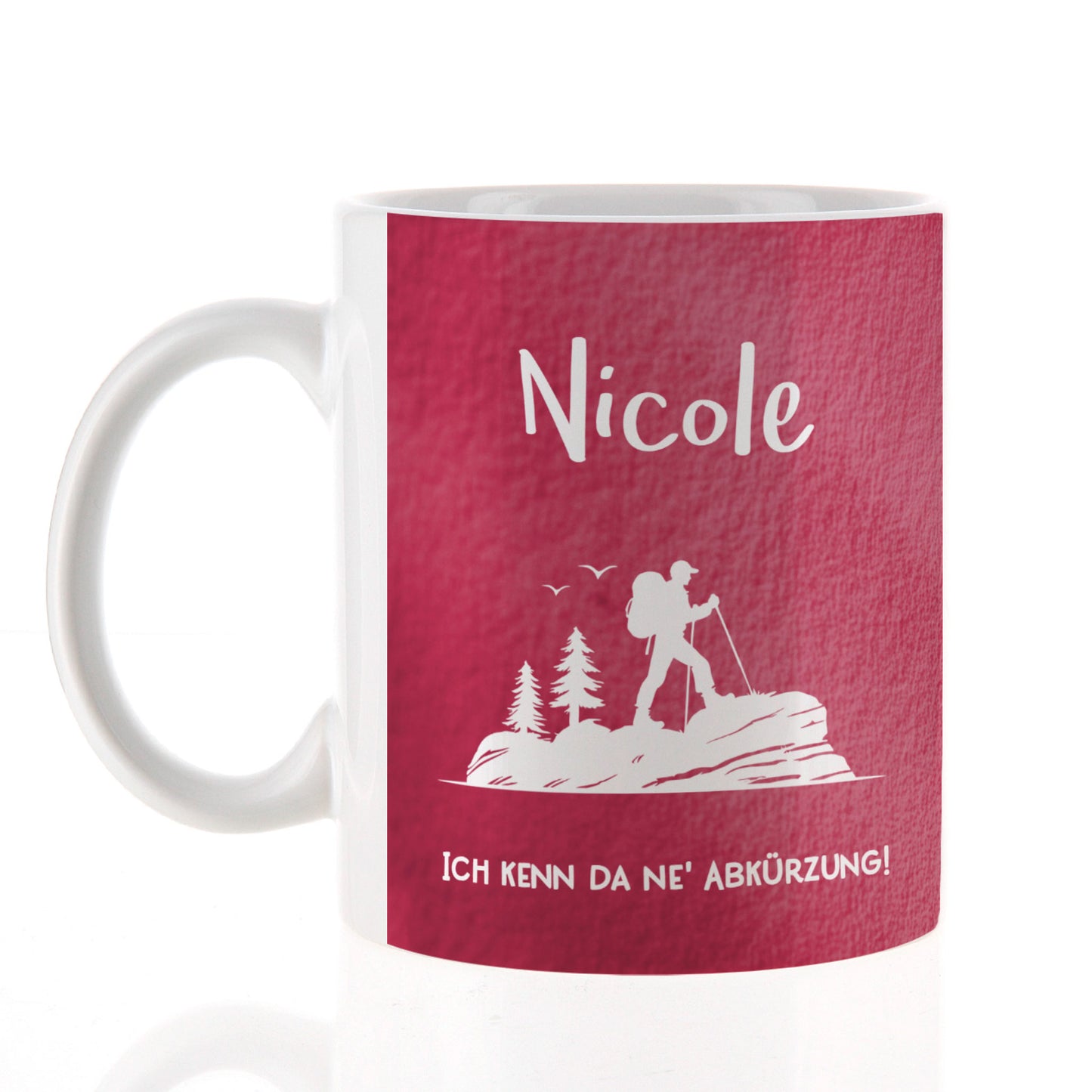 Tasse mit Wunschmotiv, Name und Text – freigestellt zur Darstellung im Onlineshop.