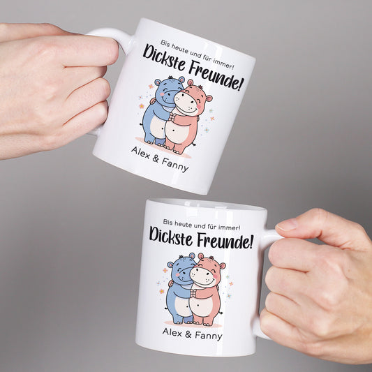 Zwei Tassen mit Nilpferd-Motiv nebeneinander – ideal als Set für Freunde