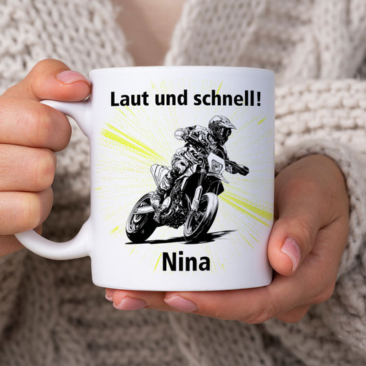 Supermoto Motorrad Tasse mit Fahrer-Illustration, Wunschtext und Name personalisiert – Geschenkidee für Biker