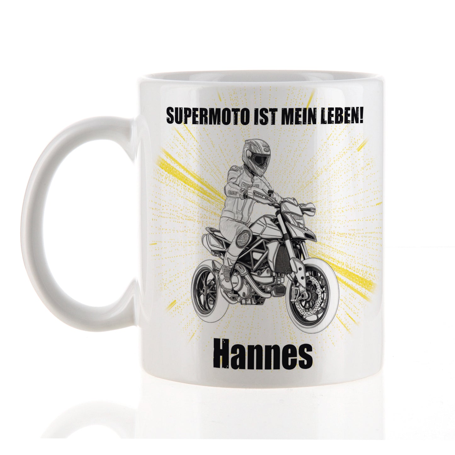 Kaffeetasse Supermoto mit Motorrad-Design, individuell gestaltbar mit Namen, Spruch und Schriftart