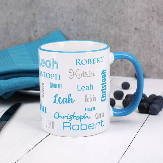 Familientasse mit hellblauem Rand und Henkel