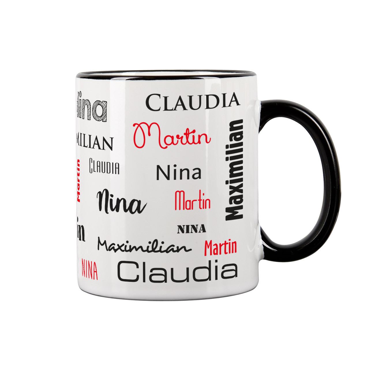 Vier Namen - Familientasse mit schwarzem Rand und Henkel