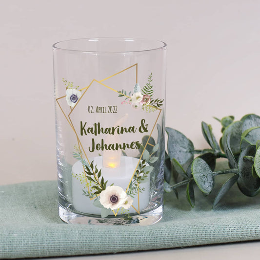 Windlicht mit Namen und Datum personalisiert