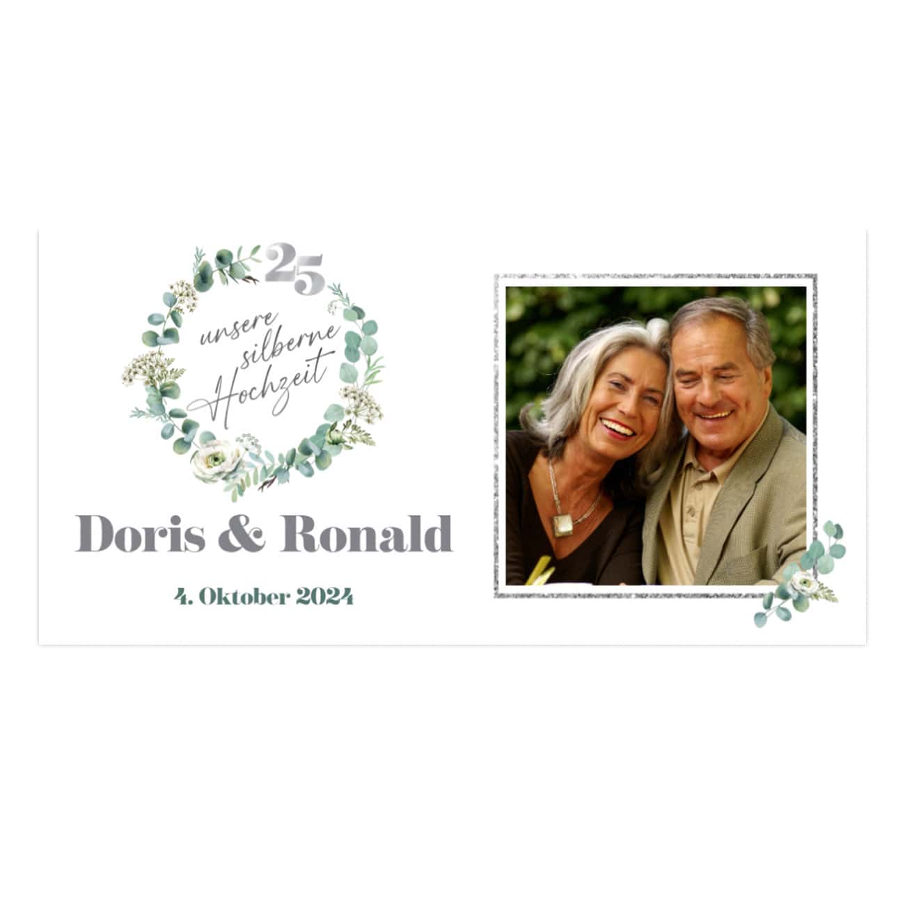 Foto-Banner zur Silberhochzeit mit Eukalyptuskranz, Namen & Datum
