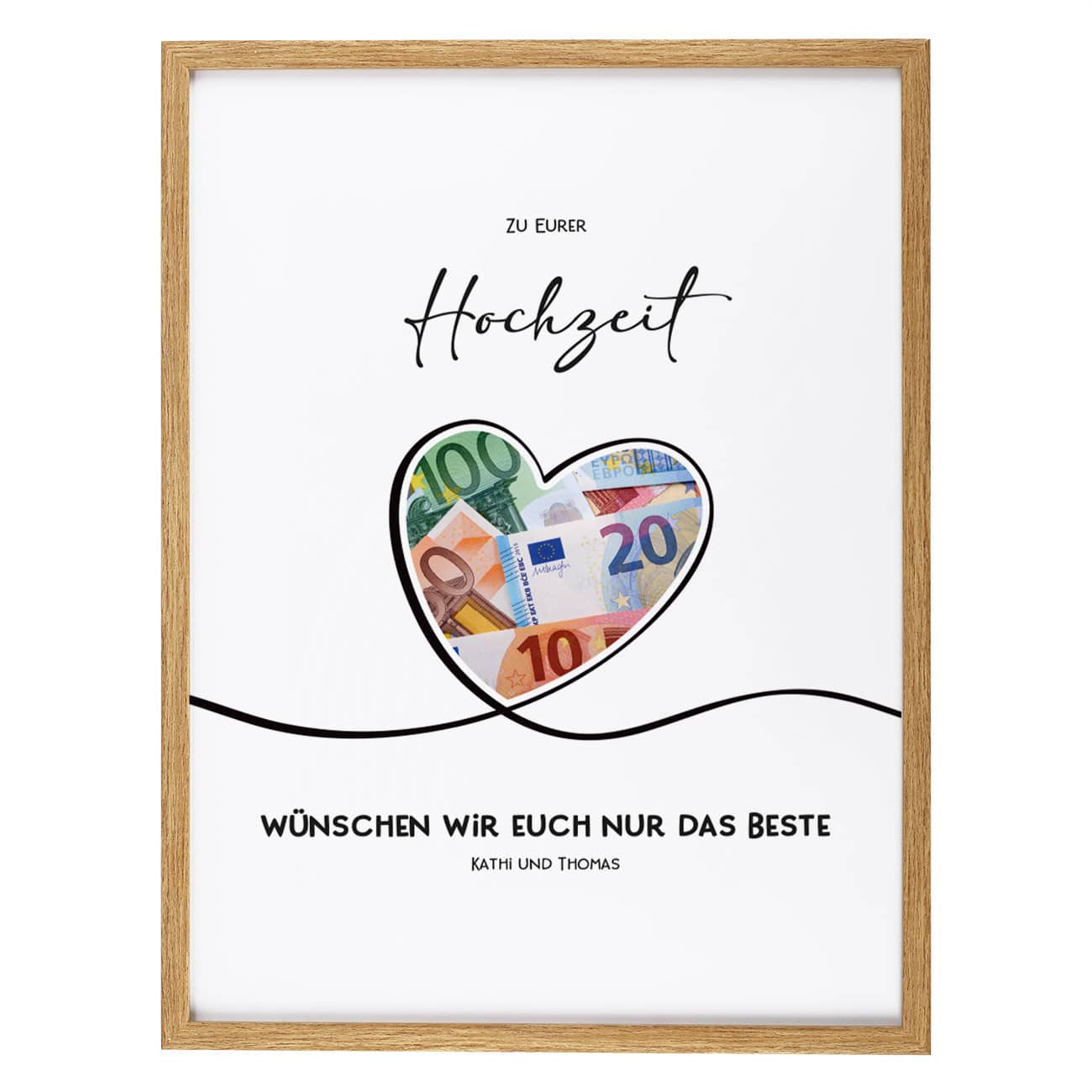 Geldgeschenk von Herzen - Bilderrahmen mit 4 Zeilen Wunschtext, 30x40cm