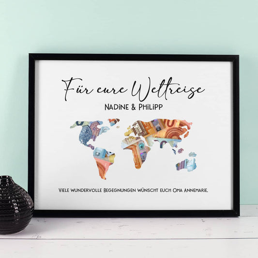 Geldgeschenk Weltkarte im Bilderrahmen zu Geburtstag, Hochzeit oder Weltreise