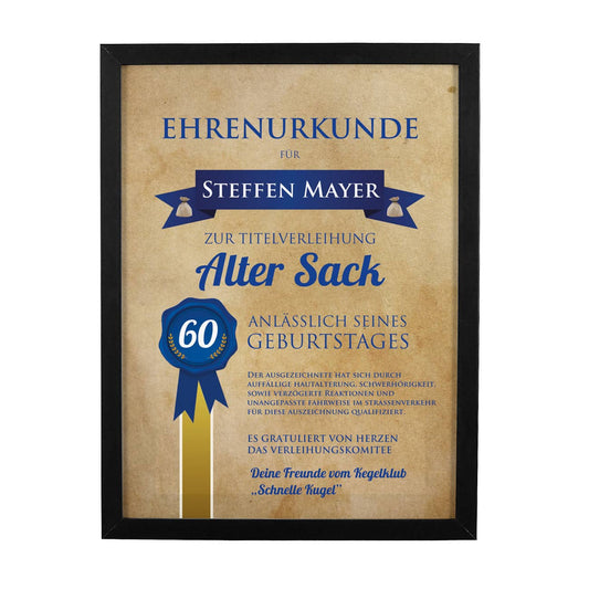 Bilderrahmen Geburtstagsgeschenk Ehrenurkunde Alter Sack