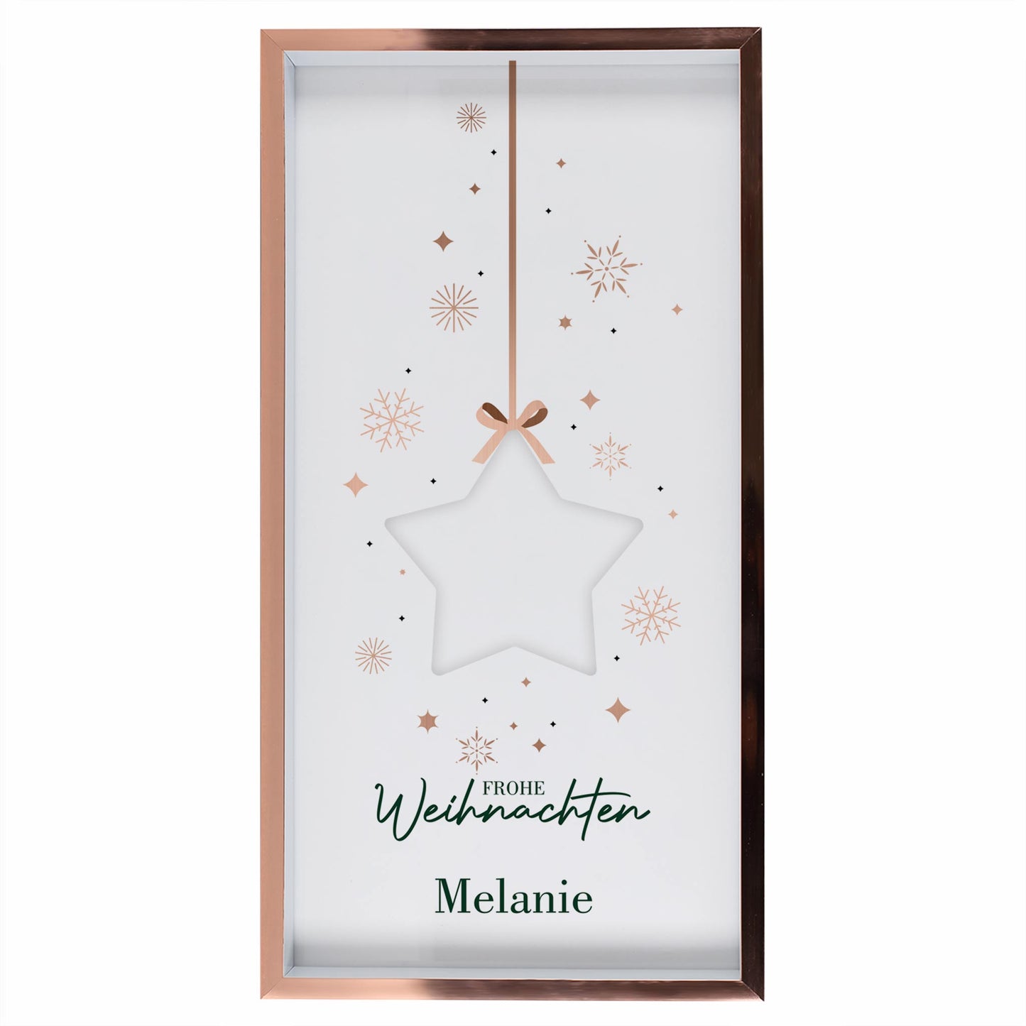 Personalisierter Geldgeschenk Bilderrahmen zu Weihnachten mit Stern-Aussparung, Frohe Weihnachten Schriftzug und Name Melanie