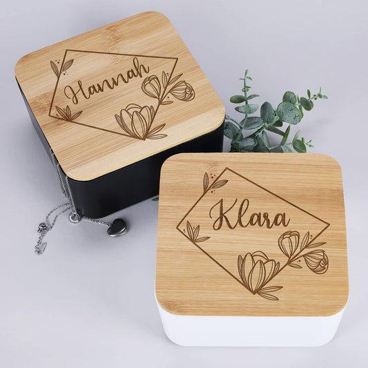 Aufbewahrungsbox mit Bambusdeckel und persönlicher Namensgravur