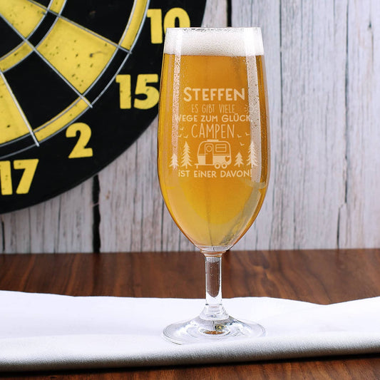 Bierglas für Camper - Es gibt viele Wege zum Glück - mit Namensgravur