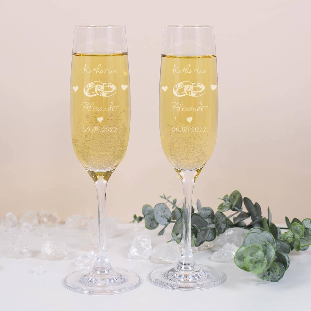 2 gravierte Leonardo Sektgläser zur Hochzeit mit Ringen –