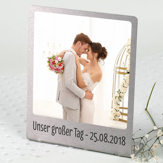Großer Edelstahl Fotorahmen mit Ihrem Lieblingsfoto und Wunschtext