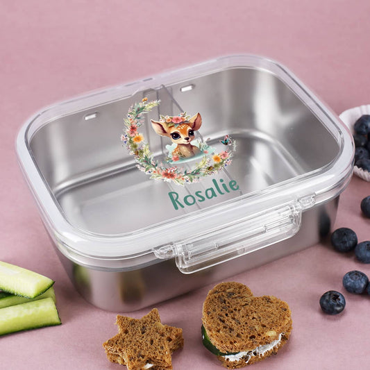 Metall -Brotdose mit Rehkitzmotiv und Wunschname bedruckt