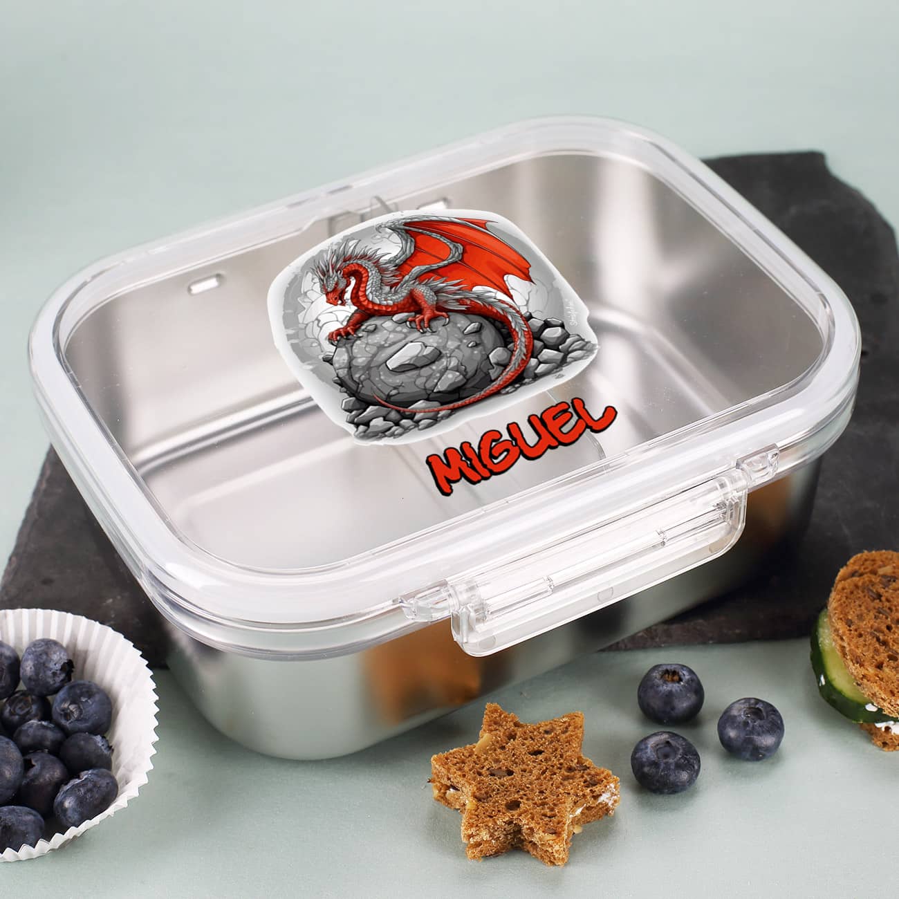 Brotdose aus Metall mit Drachenmotiv und Wunschname bedruckt –