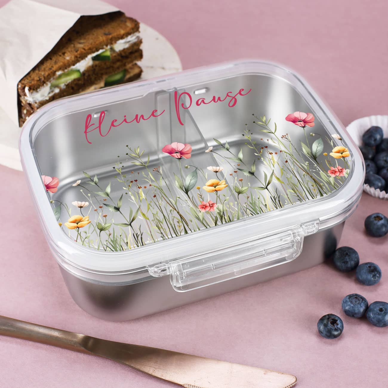 Personalisierte Edelstahl-Brotdose mit Wildblumen-Motiv und Wunschtext –