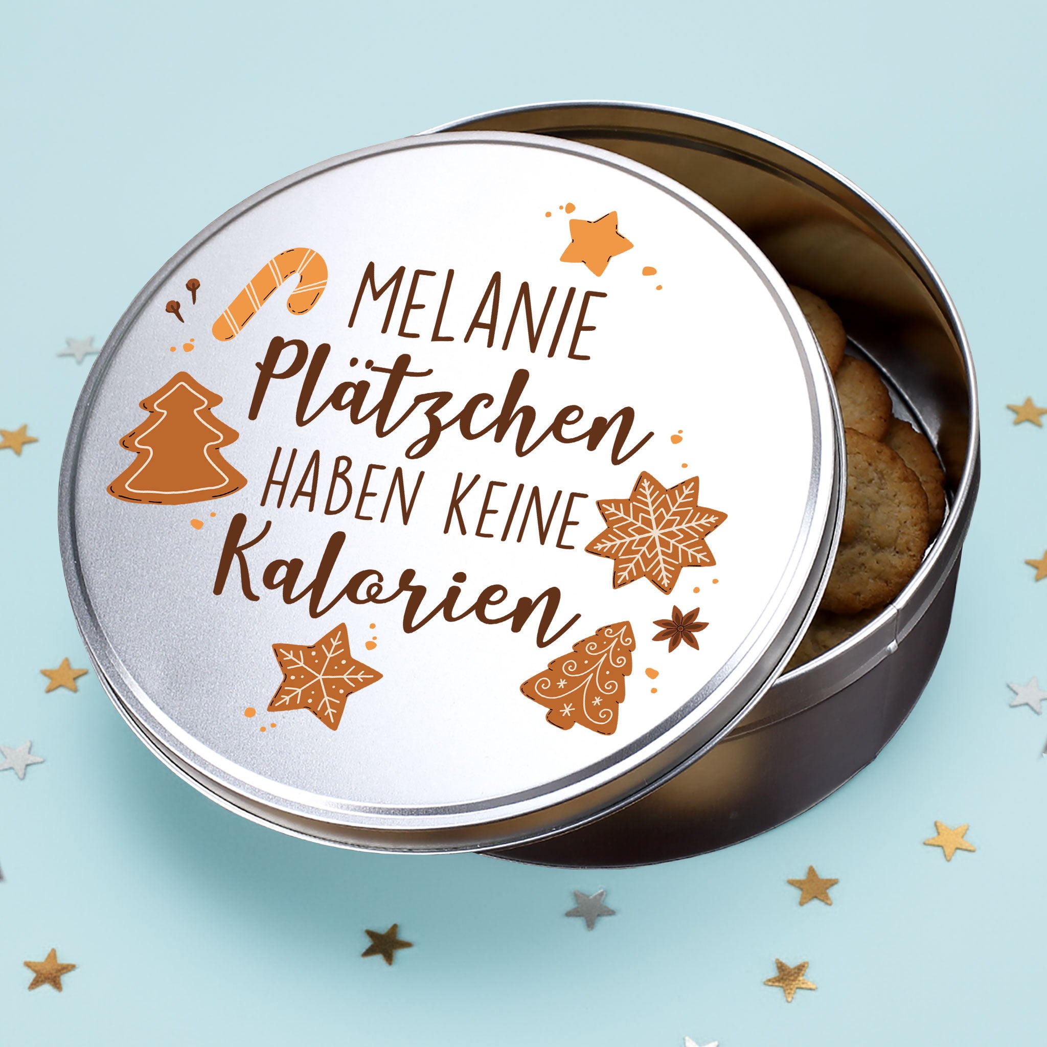 Personalisierte Keksdose mit Name und Motiv aus Metall für Weihnachten –