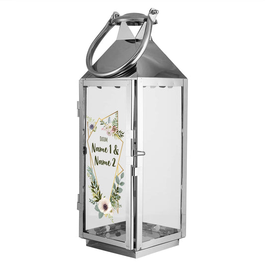 Silberene Hochzeitslaterne mit Blüten und Wunschtext