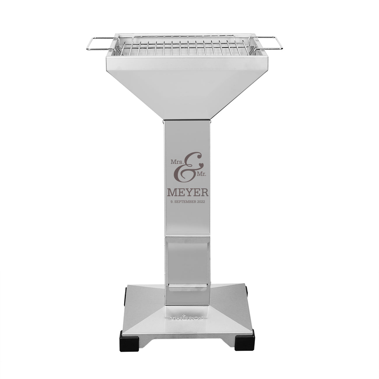 Gravierter Thüros T2 Edelstahl Säulengrill für Holzkohle als Hochzeitsgeschenk | Hochwertiger Grill