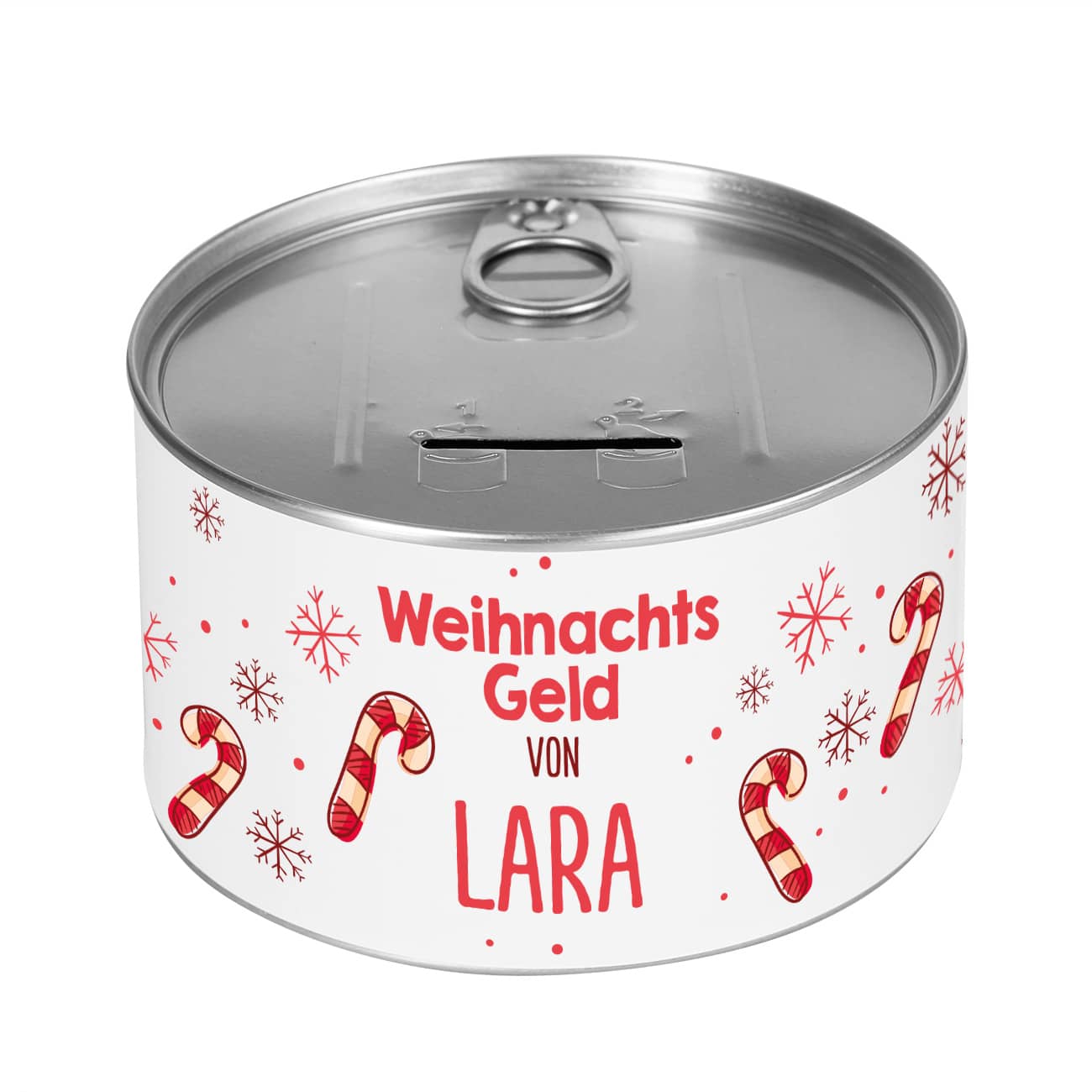 Spardose zu Weihnachten als Geldgeschenk mit niedlichem Zuckerstangenmotiv und Namne bedruckt