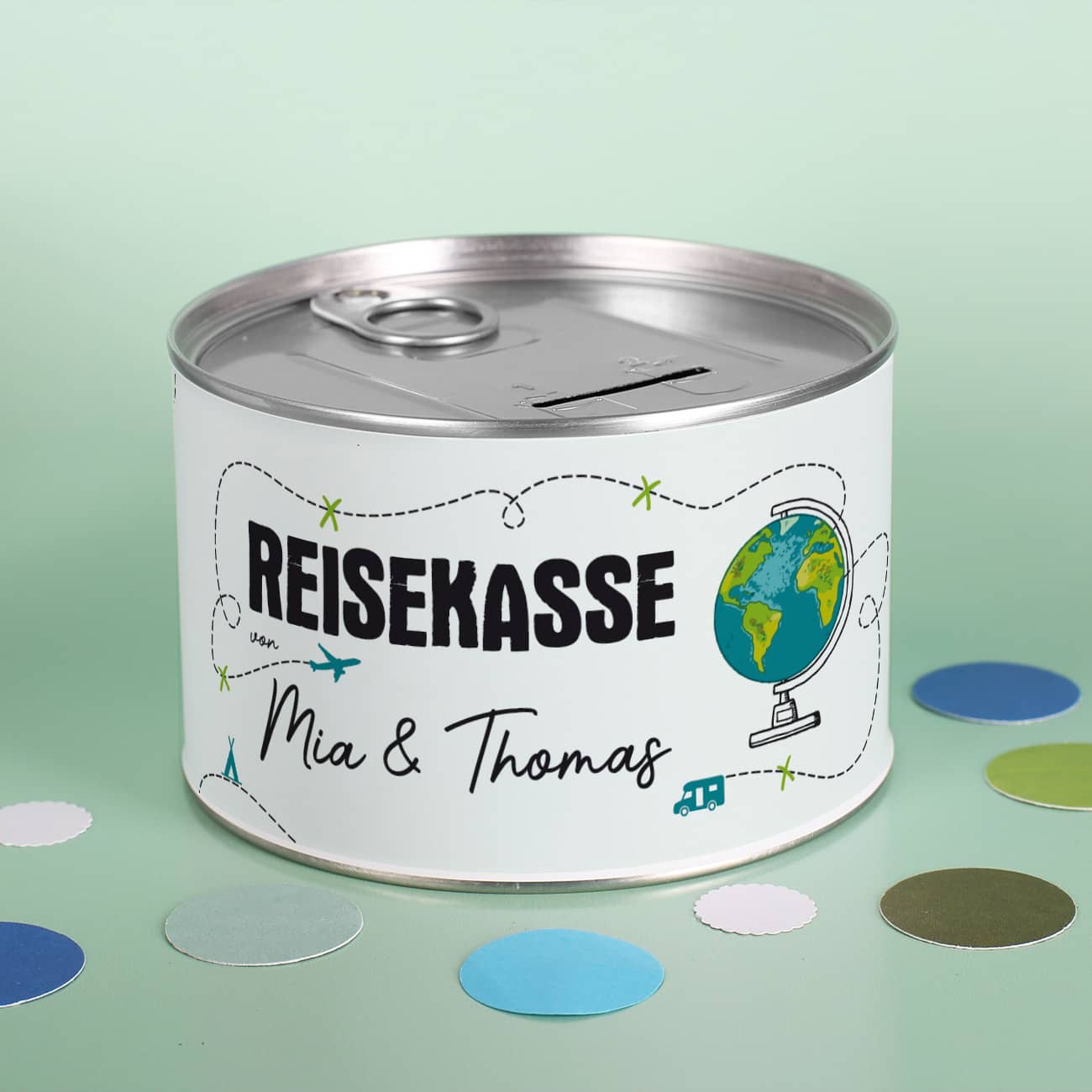 Reisekasse Spardose mit Deckel zum Aufreißen in der Optik einer Konserve mit Namensaufdruck als Geldgeschenk für den nächsten Urlaub & große Reise –