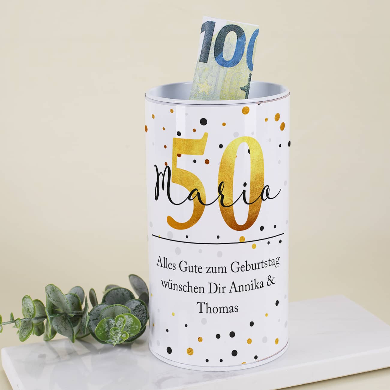 Spardose zum Geburtstag mit Name, Alter & Text personalisiert mit Gold-Konfetti-Motiv aus Metall mit abnehmbaren Deckel für Geldgeschenke & Geburtstagsgeschenke –