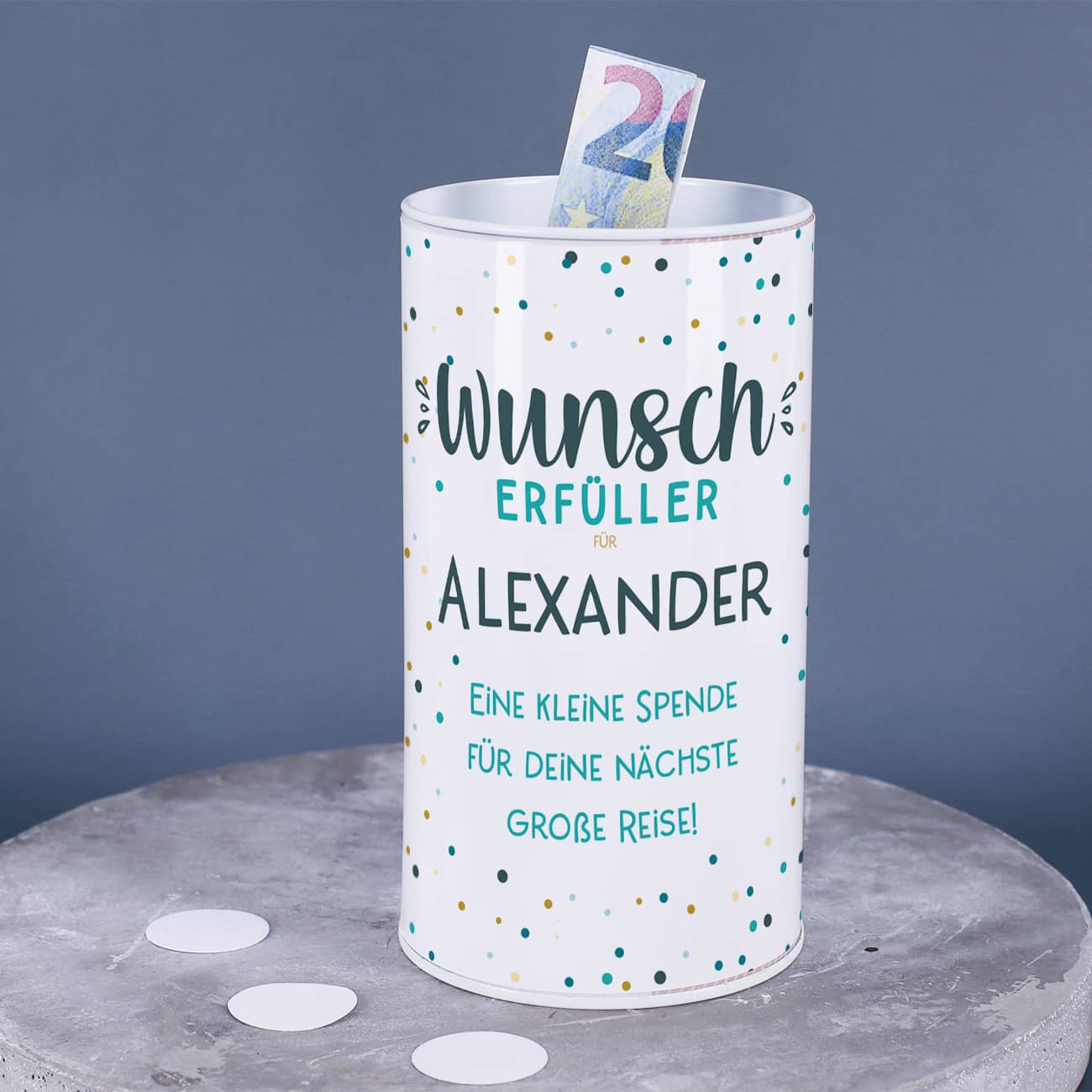 Personalisierte Spardose Wunscherfüller mit Personalisierung von Name & Text aus Blech mit praktischem Deckel als Geldgeschenk zum Geburtstag –