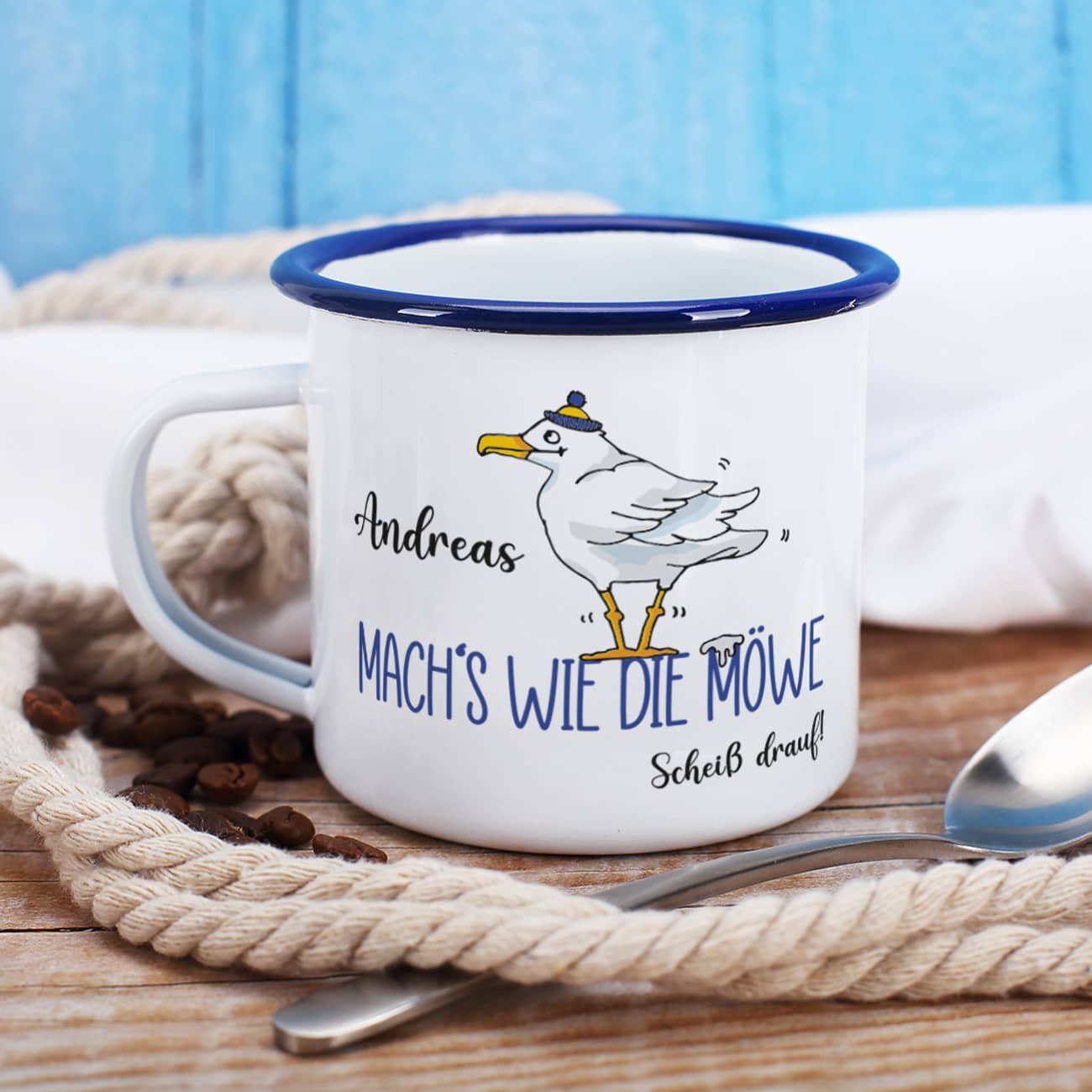 camping tasse personalisiert Emaille Becher Campingtasse mit Möwe, lustigem Spruch und Name personalisiert – geschenke-online.de