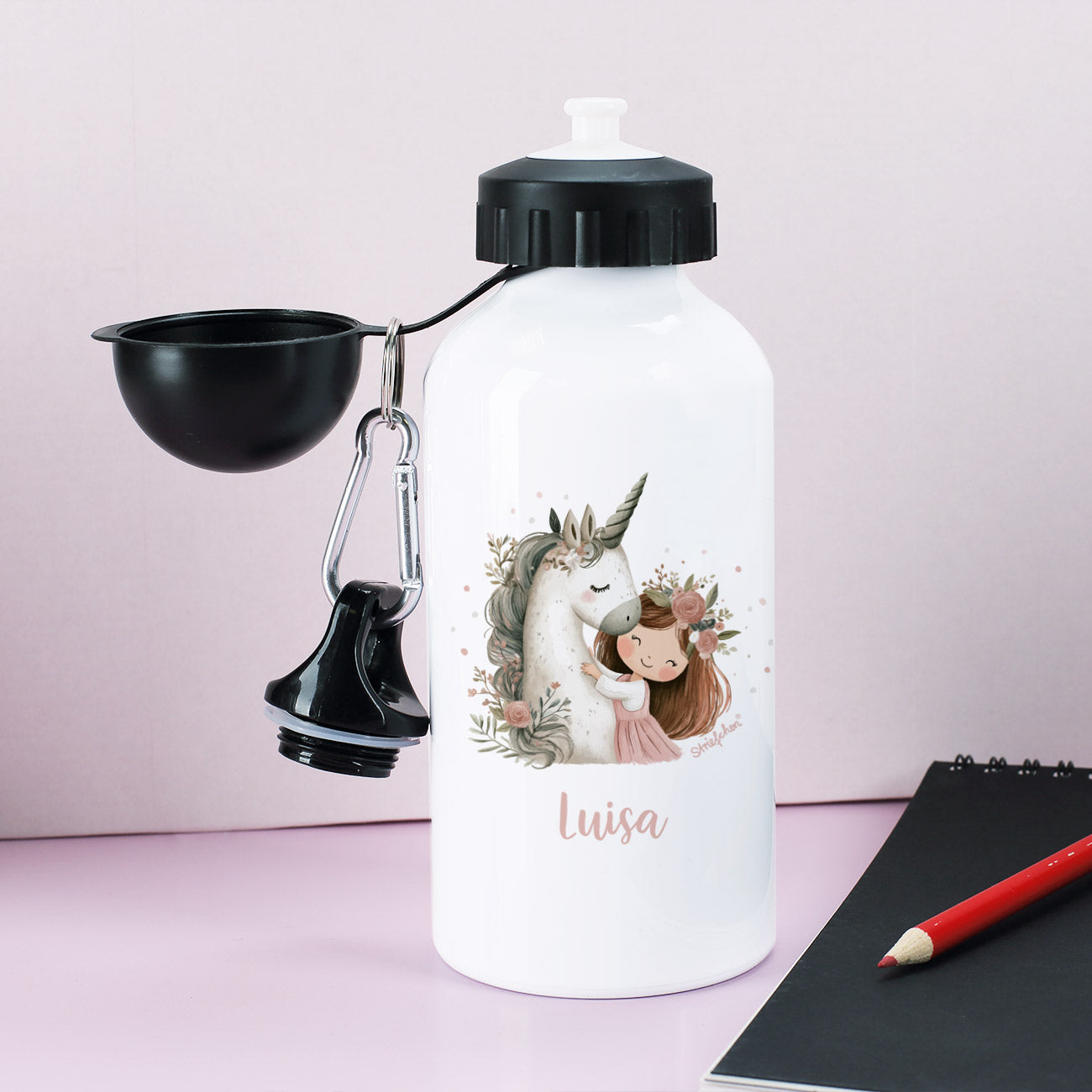 Personalisierte Aluminium-Trinkflasche im niedlichen Einhorn-Design mit Name bedruckt