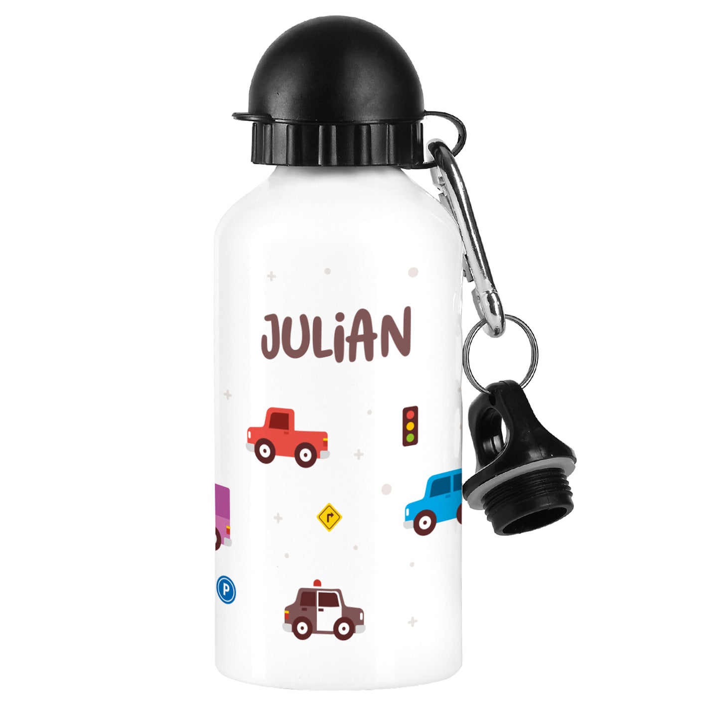 Kindertrinkflasche mit Auto-Design – Vorderansicht mit Namensdruck und Karabinerhaken