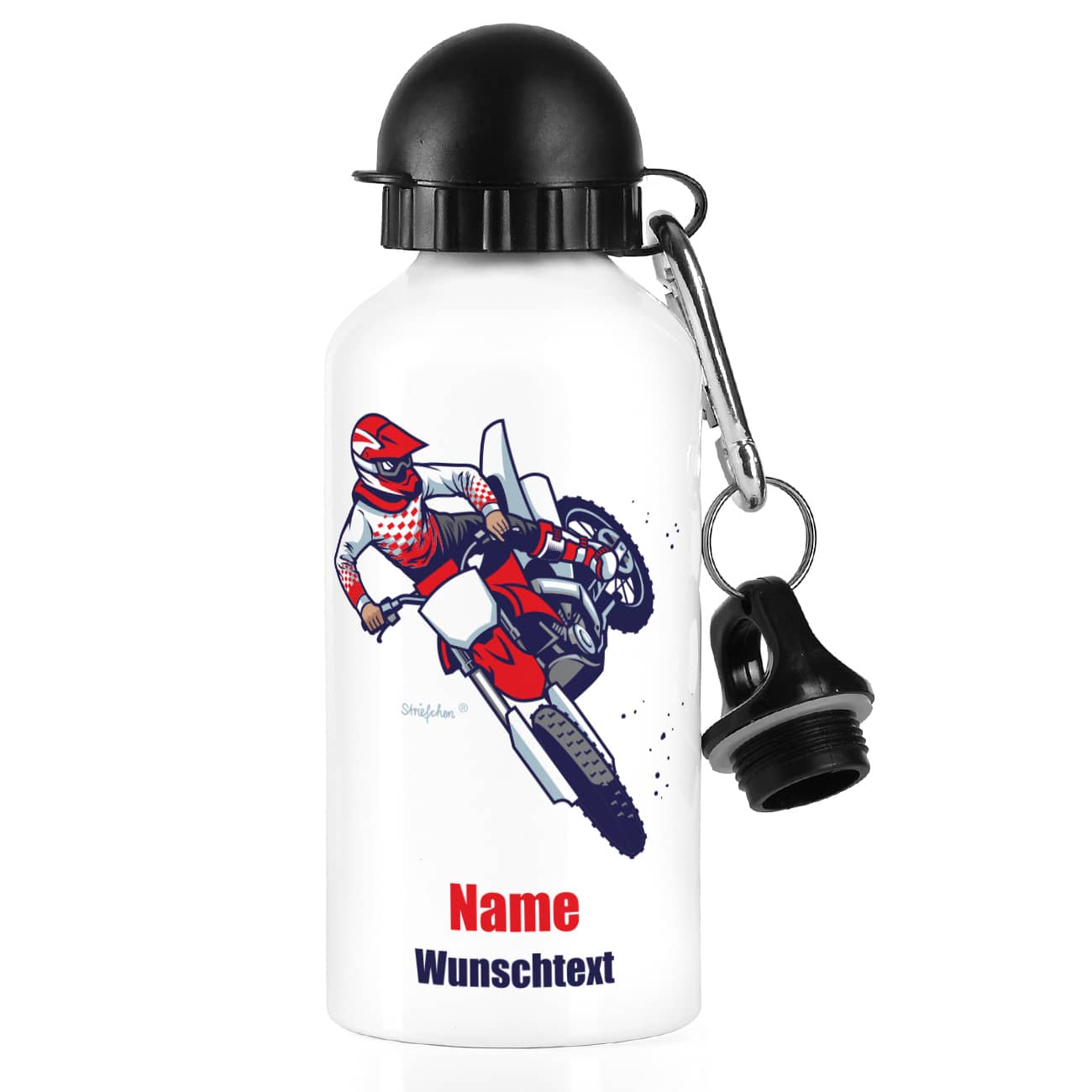 weiße Metall-Trinkflasche mit Name, Wunschtext und Motorrad-Motiv