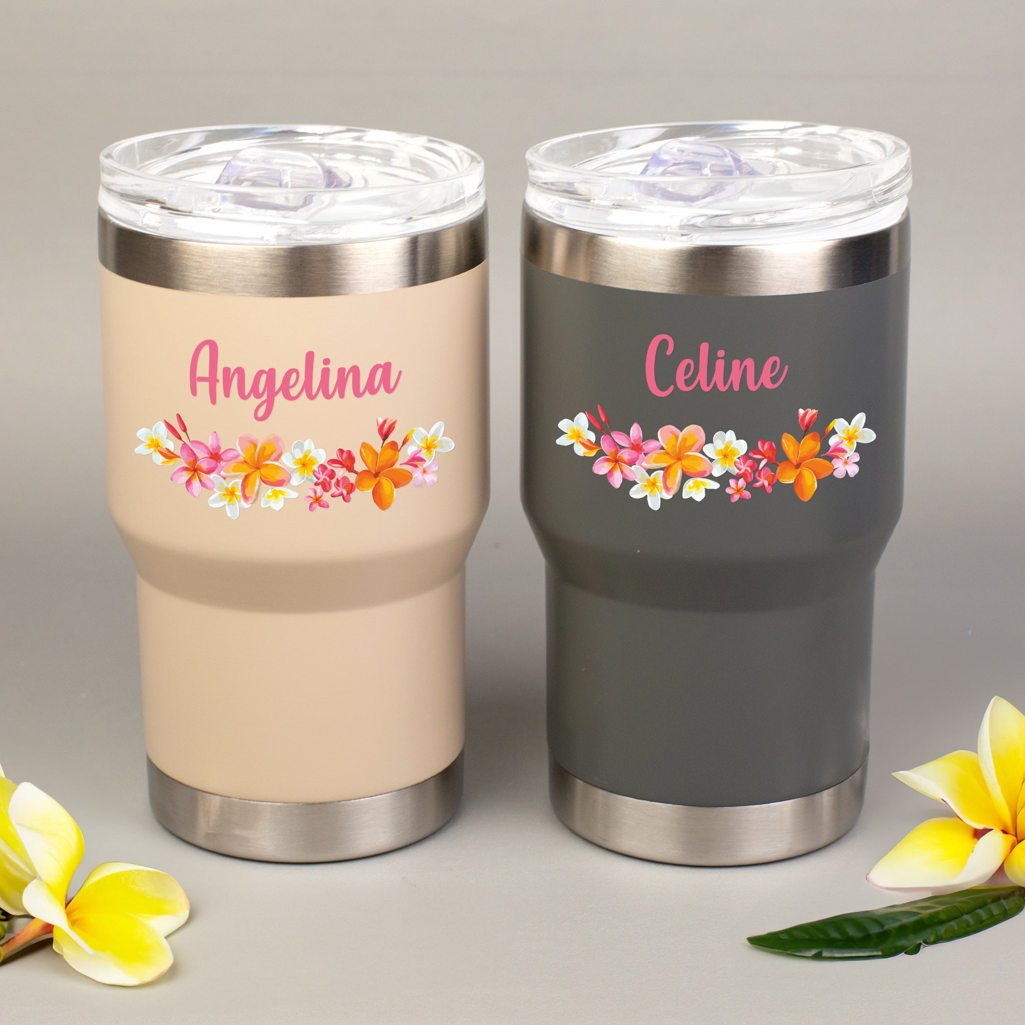 Thermobecher personalisiert mit Name und Blumen Motiv
