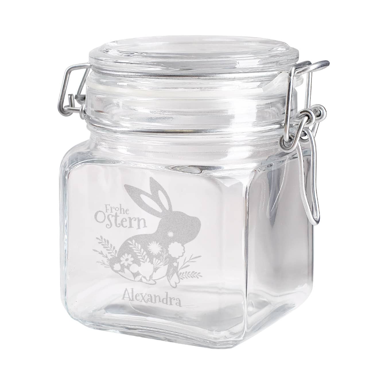 Praktisches Einmachglas mit Ostermotiv und Namensgravur