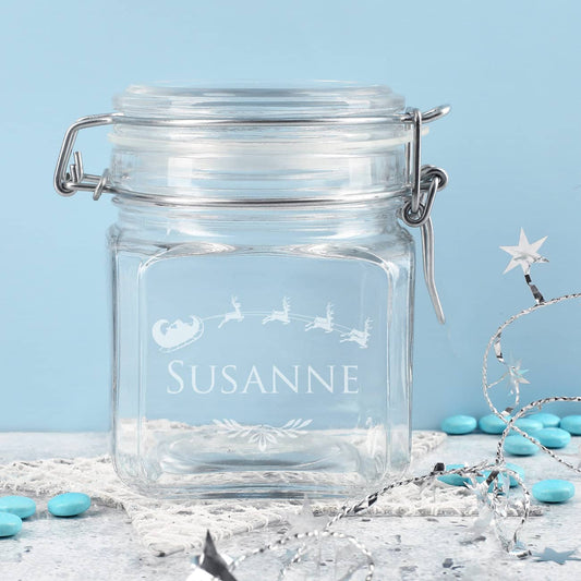 Einmachglas mit Rentierschlitten graviert